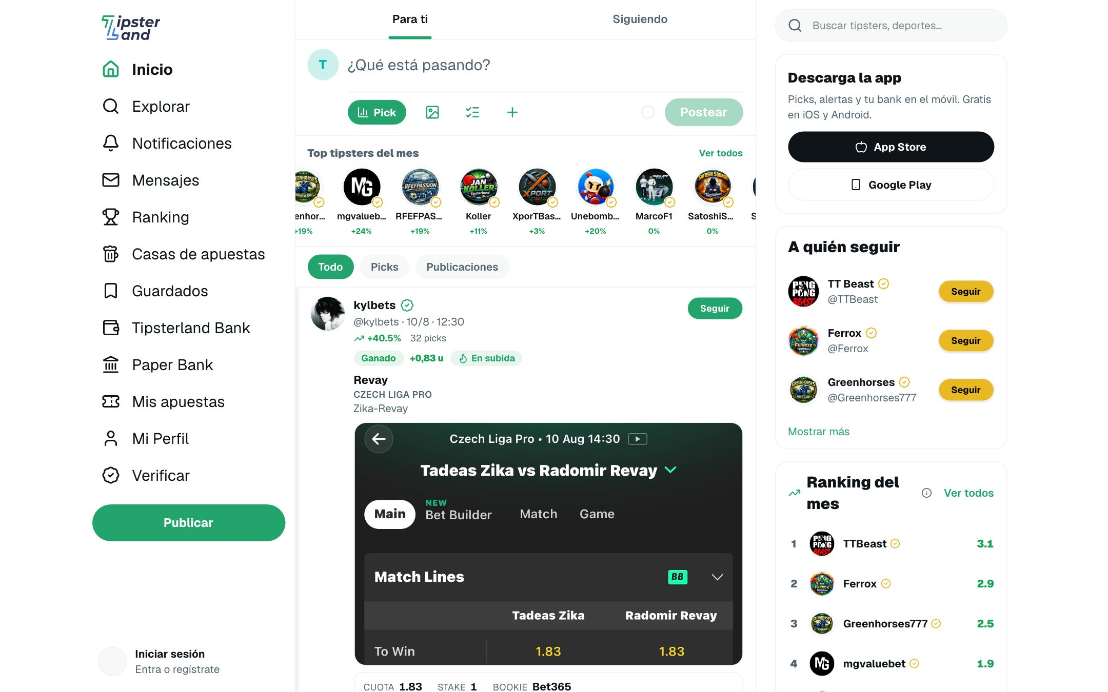 Tipsterland completo en la web: feed, ranking, bank, mensajes y más