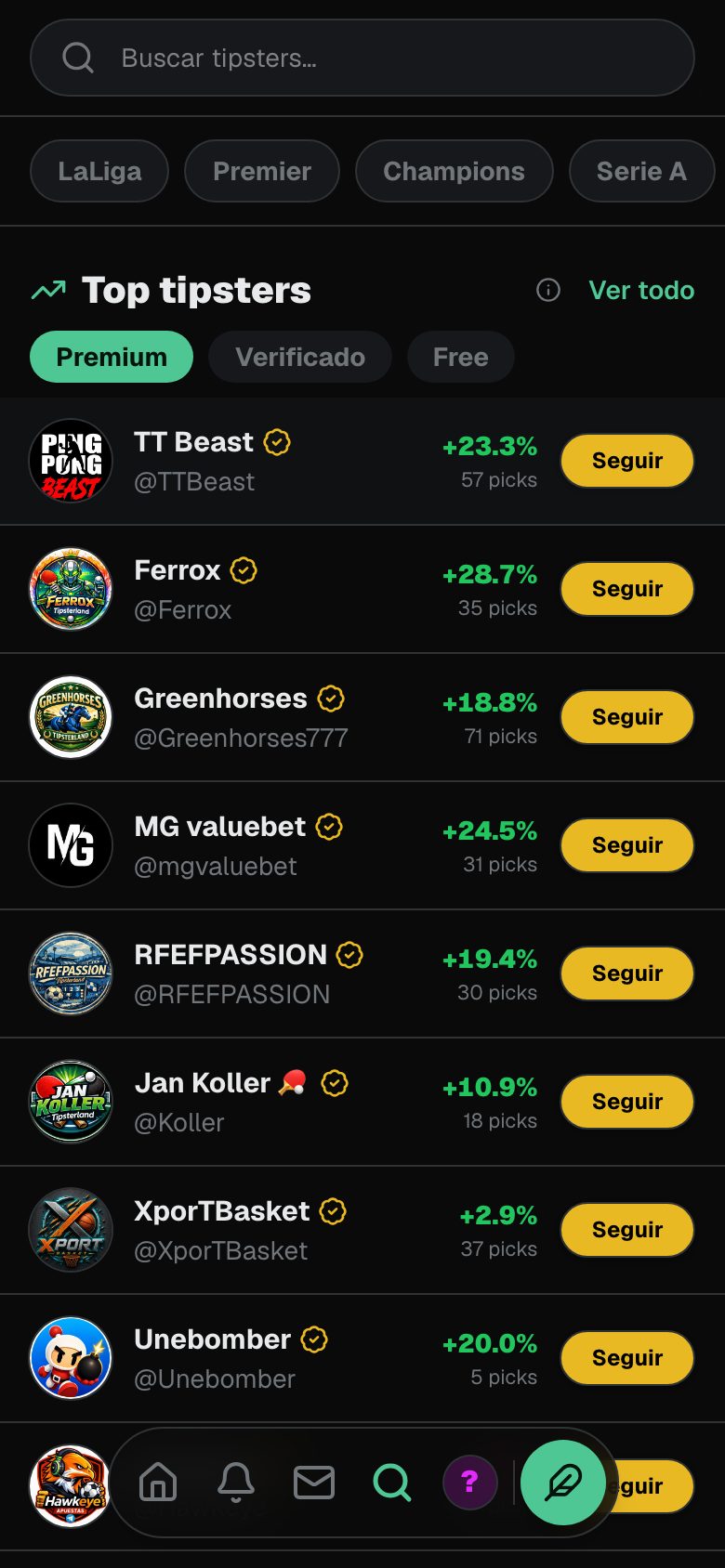 Explorar tipsters premium con su yield real